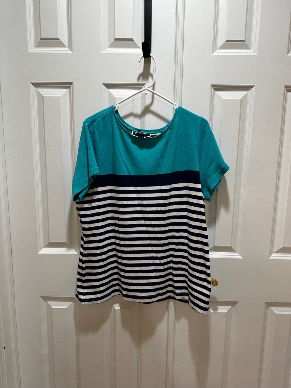 Karen Scott Teal, Navy & White Striped Short-Sleeve Top